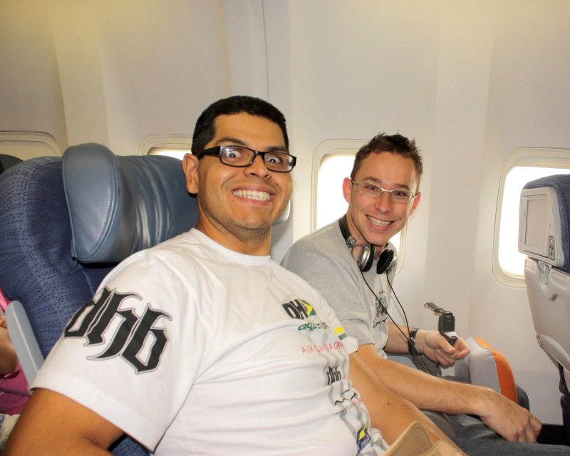 The guides Raul Chavarria (left) and Daniel Bender on the coast-to-coast flight from Toronto to Vancouver