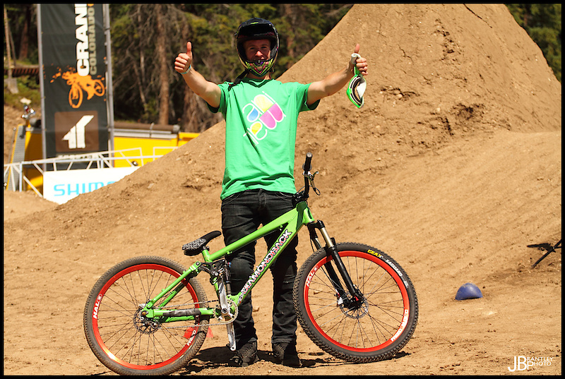 Sam Pilgrim riding a Cove Hooker while waiting for the first Diamondback slopebike for Whistler.