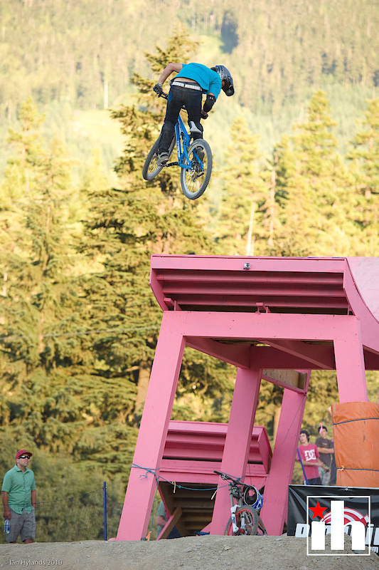 Casey Groves fully committed to a 3 during his Crankworx run.