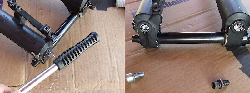 <span style='font-size:20px'>Step 4.</span> Tap both foot nuts with the rubber mallet until you feel the rods come free of the lowers. Remove the foot bolts, being careful of any lube oil that may drain from the fork lowers.</span>