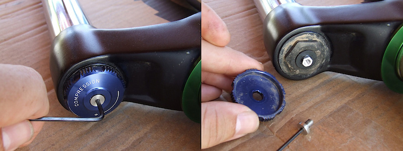 <span style='font-size:20px'>Step 6.</span> Using the 2mm hex key, unscrew the small bolt that holds the compression knob in place. Remove both and place somewhere safe. (<I>only for Domain 318, the 302 does not have adjustable compression.</I>)