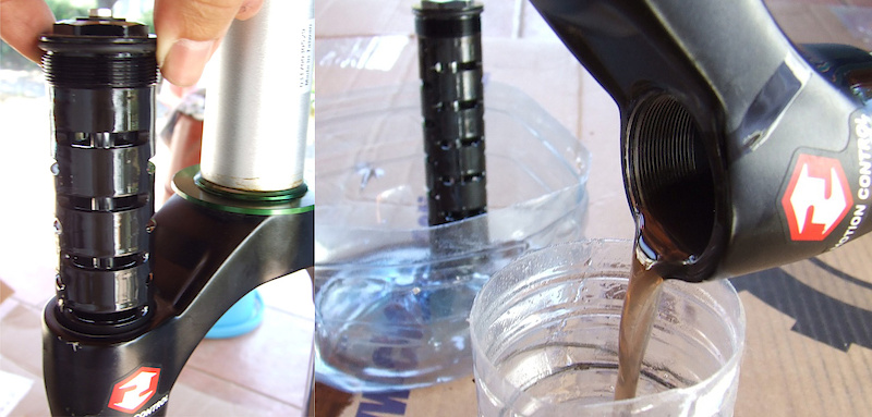 <span style='font-size:20px'>Step 8.</span> Holding the crown and stanchions upright, pull up to remove the compression damping assembly. Wiggling it side to side gently may make this easier, but pull slowly to keep the damping oil from making a mess. If your Domain is the 302 version, it has a cap in the place of the compression cartridge. Pour the remaining oil out of the fork and into your container.