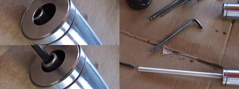 <span style='font-size:20px'>Step 12.</span> Pull the dummy rod to full extension through the bottom of the stanchion tube. If you're having trouble aligning the rod with with the hole, you can use your 2mm hex key to help locate it.