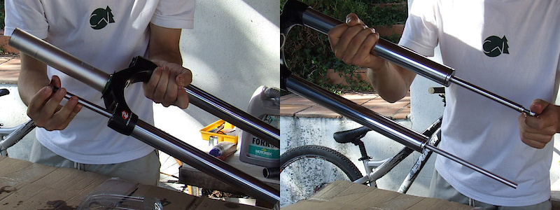 <span style='font-size:20px'>Step 15.</span> After submerging the rebound piston in the new oil, install the damping rod into the stanchion tube. Pull it gently to full extension.