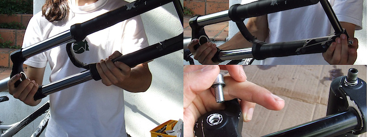 <span style='font-size:20px'>Step 23.</span> Still holding the fork inverted, slide the lowers down the stanchion tubes until both the damping and spring rod make contact with the bottom of the lowers. Reinstall both foot bolts to the proper torque, being sure to use the hollow bolt on the damping side and the solid bolt on the spring side.