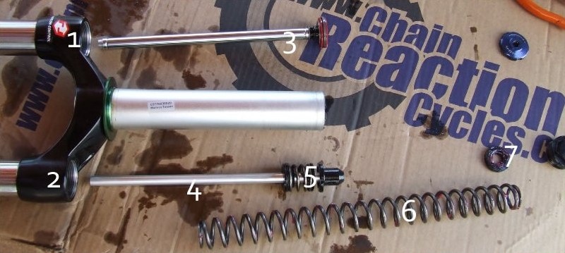 <span style='font-size:20px'>At this point, your workbench should look something like this:</span><br><br>1. Top right stanchion<br>2. Top Left stanchion<br>3. Damping rod<br>4. Spring side dummy rod<br>5. Negative spring<br>6. Main spring<br>7. Spring spacer