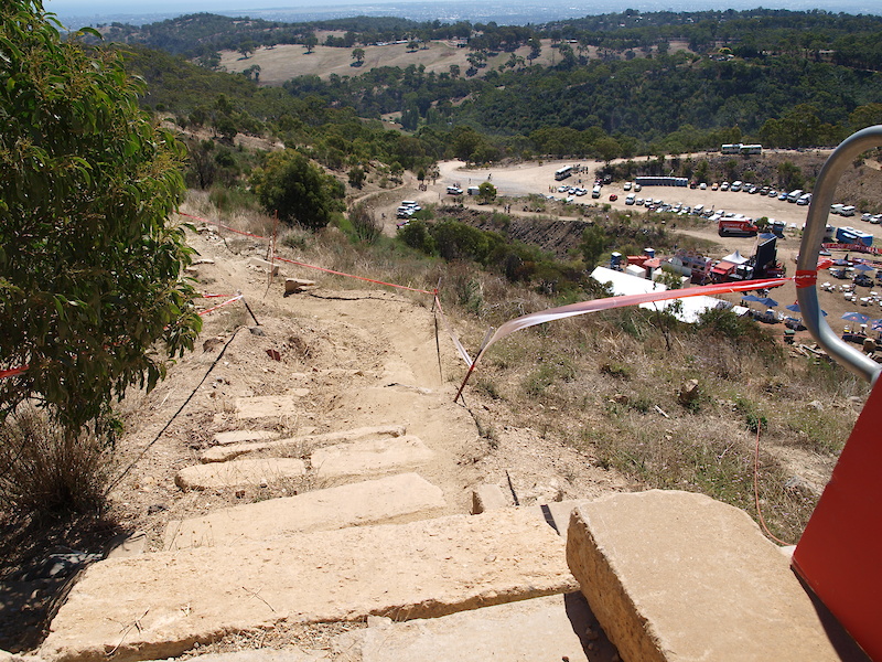 The view from the top of the chute illustrates this more. You can't straight line the left with the positioning of the bunting and the cut into the side of the hill.