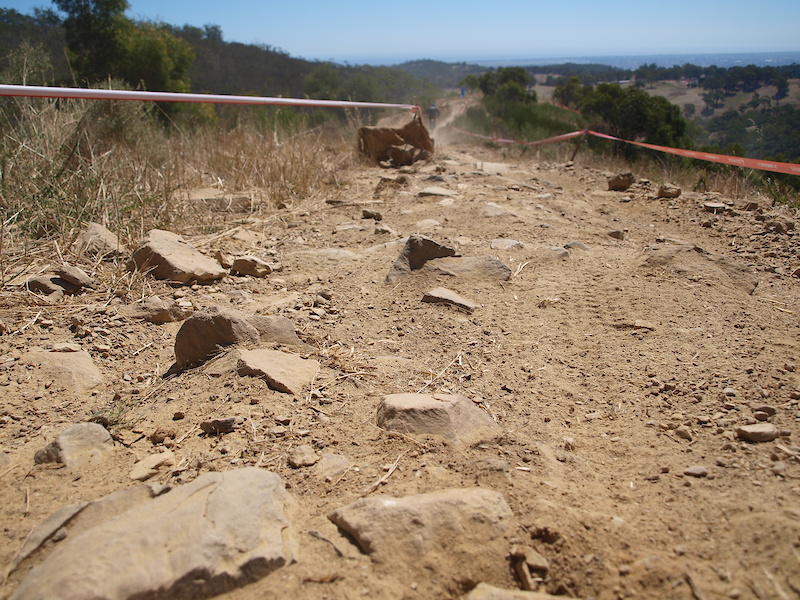 The Eagle track is rocky and punctures will occur on the jagged rocks that litter the course.