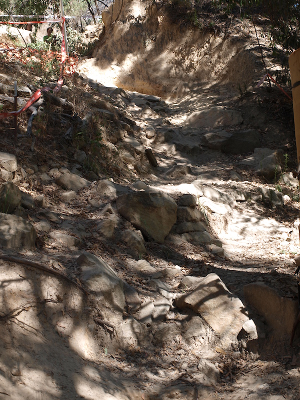 As you come into the wooded section riders are greeted by this steep, rocky chute. Plenty of crashes have occured here in past races