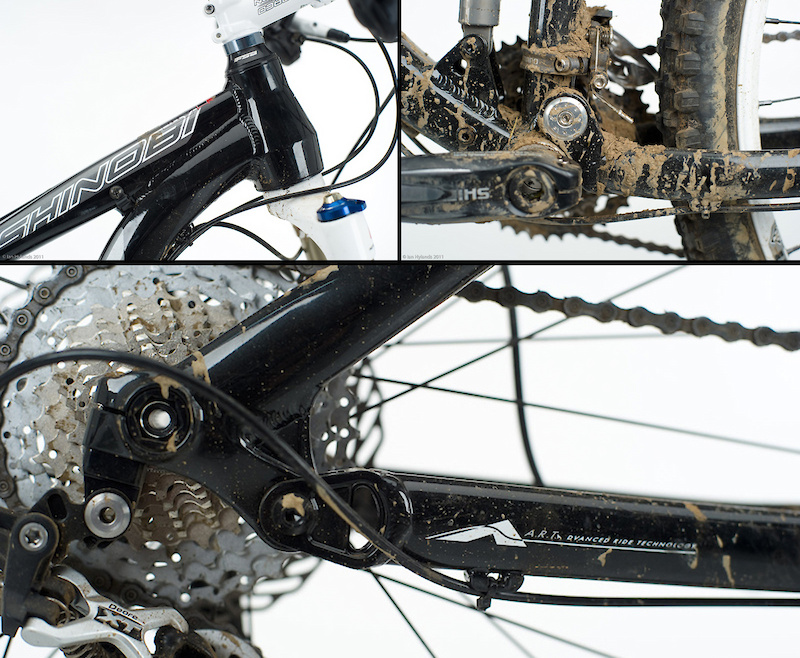 A short and burly tapered head tube (<i>top left</i>) helps to keep the front end low and stiff. The Shinobi's main pivot (<i>top right</i>) is positioned relatively low. Hidden behind the mud is a set of ISCG 05 chain guide tabs - a nice touch for those who want to mount a sturdy dual ring guide or even a HammerSchmidt crankset. The Shinobi's A.R.T. rear suspension is a version of the proven Horst link design that Norco's engineers have tweaked to perform to their liking.