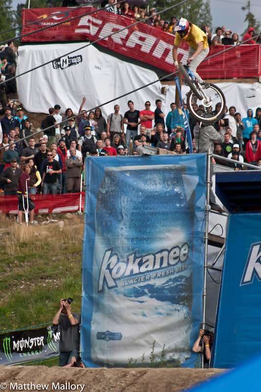 Local whiz-kid Brandon Semenuk tailwhips the Kokanee Drop. He has won most of the big events, but hasn't been able to put it together at home yet. Will this be his year?