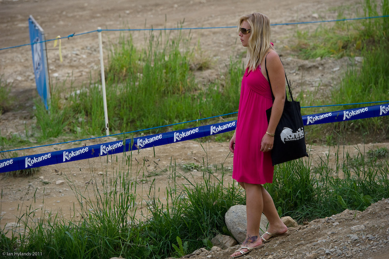 Whistler is full of random people. This girl just walked out of the forest and started walking down the finish stretch, on the track. Luckily for her there were a few mechanicals and she had time to get off the course before getting mowed down...
