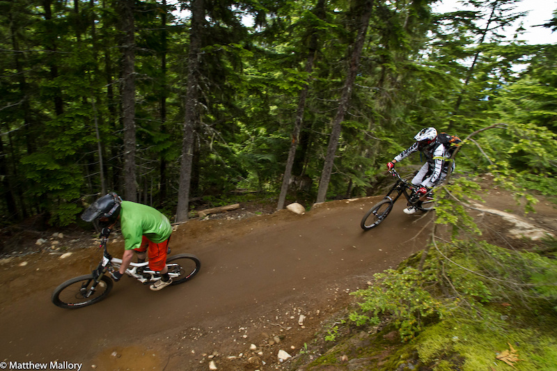 Craig Wilson leads Bobby down A Line. When Bobby is in Whistler Craig is his regular guide and has helped him run the Air DH for the past two years.