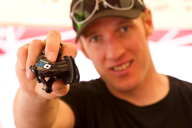 Fast forward to June 2011. X0 DH is finally released to the world. Steve Peat and the X0 DH rear derailleur. Nothing but the best for the king. (Photo by Sven Martin)