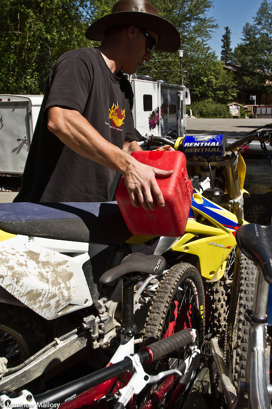 With only two days to ride we chose to hit Harper and Sun Peaks. Sean gases up his moto. The best (and most fun) shuttle retrieval vehicle you can get.