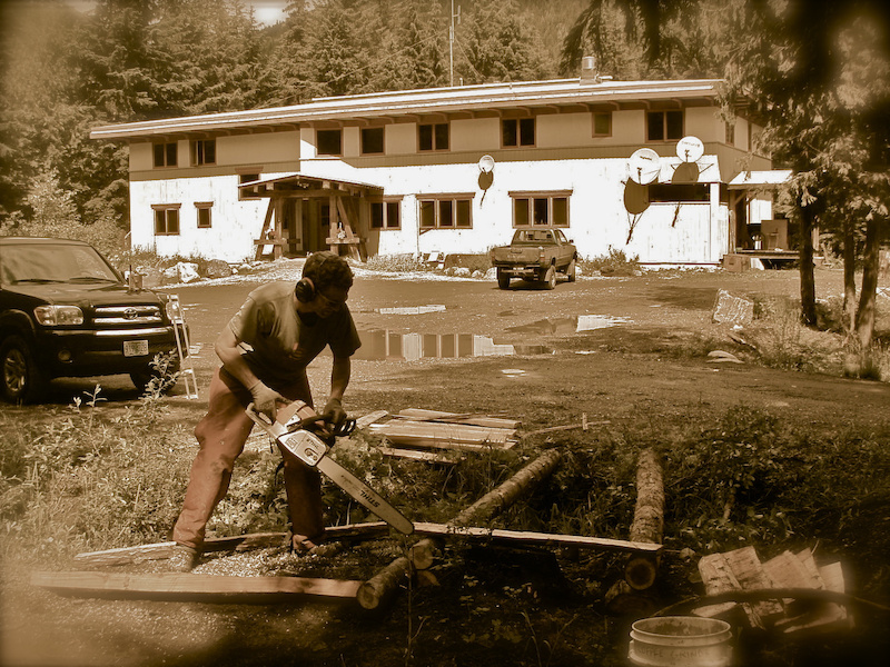 The new trail ends right at the lodge for a quick and easy shuttle. Kiwi utilizing his Oregon chain saw certification.