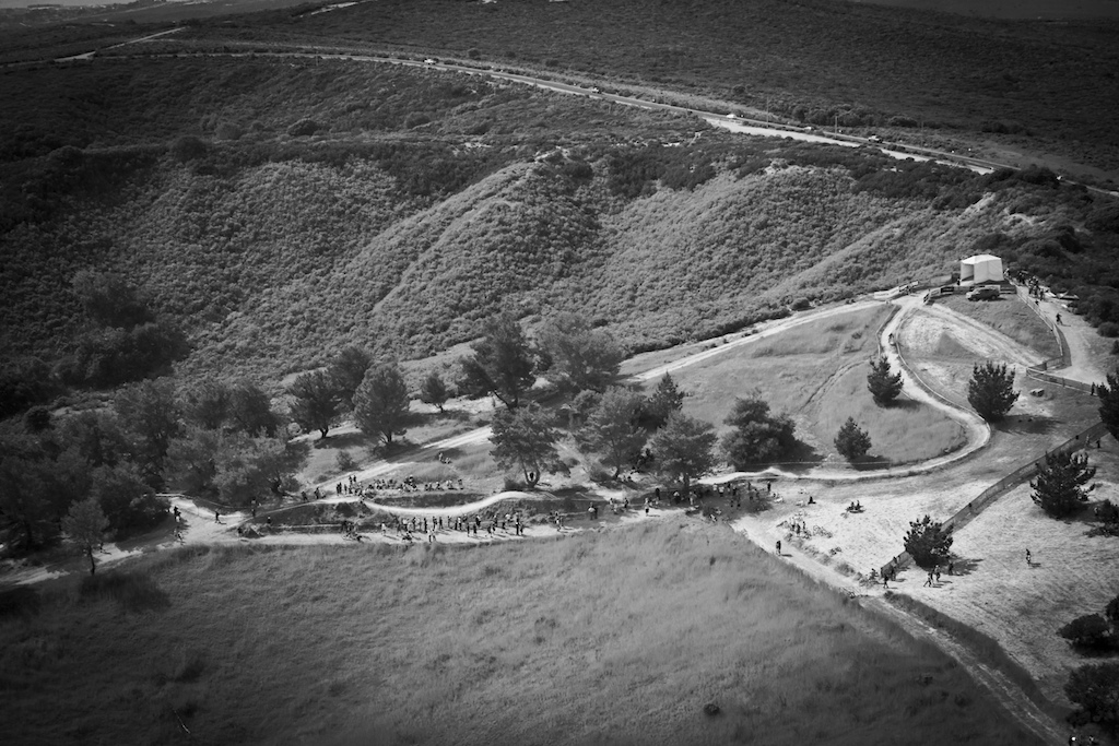 The new Sea Otter DH course was well received by pros and amateurs alike. Here's an aerial view of the first hit on practice day.