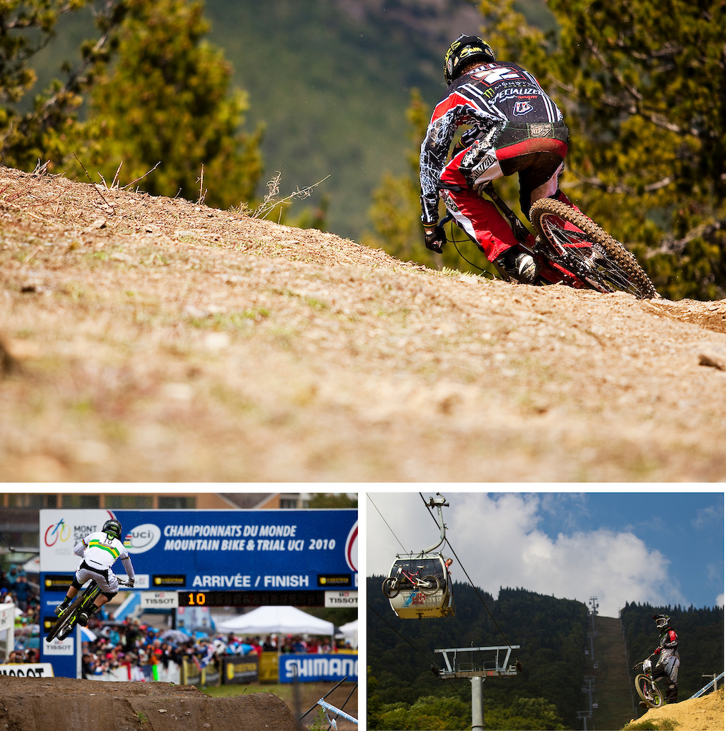 Sam has had plenty of highs and lows the last two years from his massive crash after this scrub in Andorra 2009, to his World Champs last year in Mt St Anne. He always rides on the throttle and for a filmer or photographer there is nothing better. One of my favorite shots of last year is this gondola shot of outgoing 2009 World Champ, Steve Peat, looking down on the future World Champ on the final practice day in Canada. What would you give to read both of their thoughts right then? 