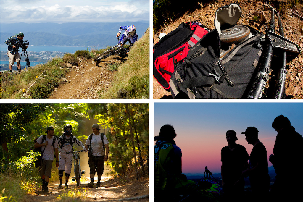 Clockwise: Wellington, NZ with Sam Blenkinsop. F-Stop gear is good for carrying more than just cameras. Filmer's Lawlor, John Reynolds and Clay after another successful sunset shoot with Gwin. Out in Africa. 