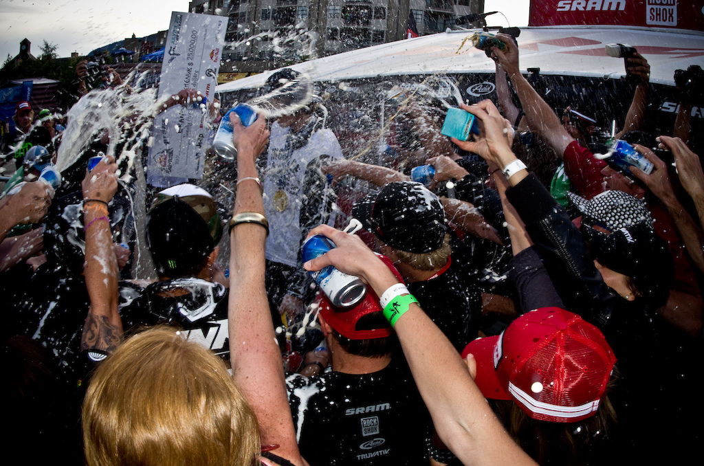 The SRAM family is one of the biggest and best when it comes to celebrating. It took four cases of beer to soak down the winner of the day. 